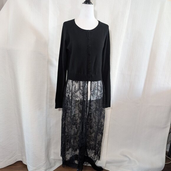 Vivian Shyu Italy Cardigan Dress Black Knit Lace Hem Skirt Size S Whimsigoth - Picture 4 of 10